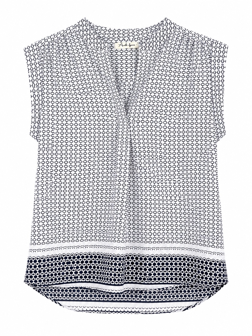 Antilia Femme Navy and White Geometric Cap-Sleeve Blouse